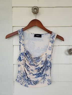Cider Cream and Blue Floral Cowl Neck Tank